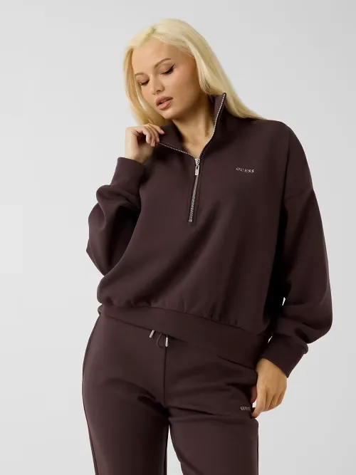 Guess Sweatshirt Met Halve Rits Bruin